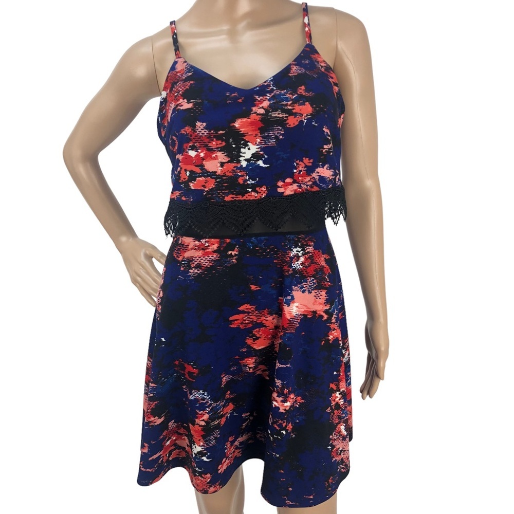 Material Girl Abstract Floral Printed A-Line Mini Dress Cami Lace‎ Cut Out Dress